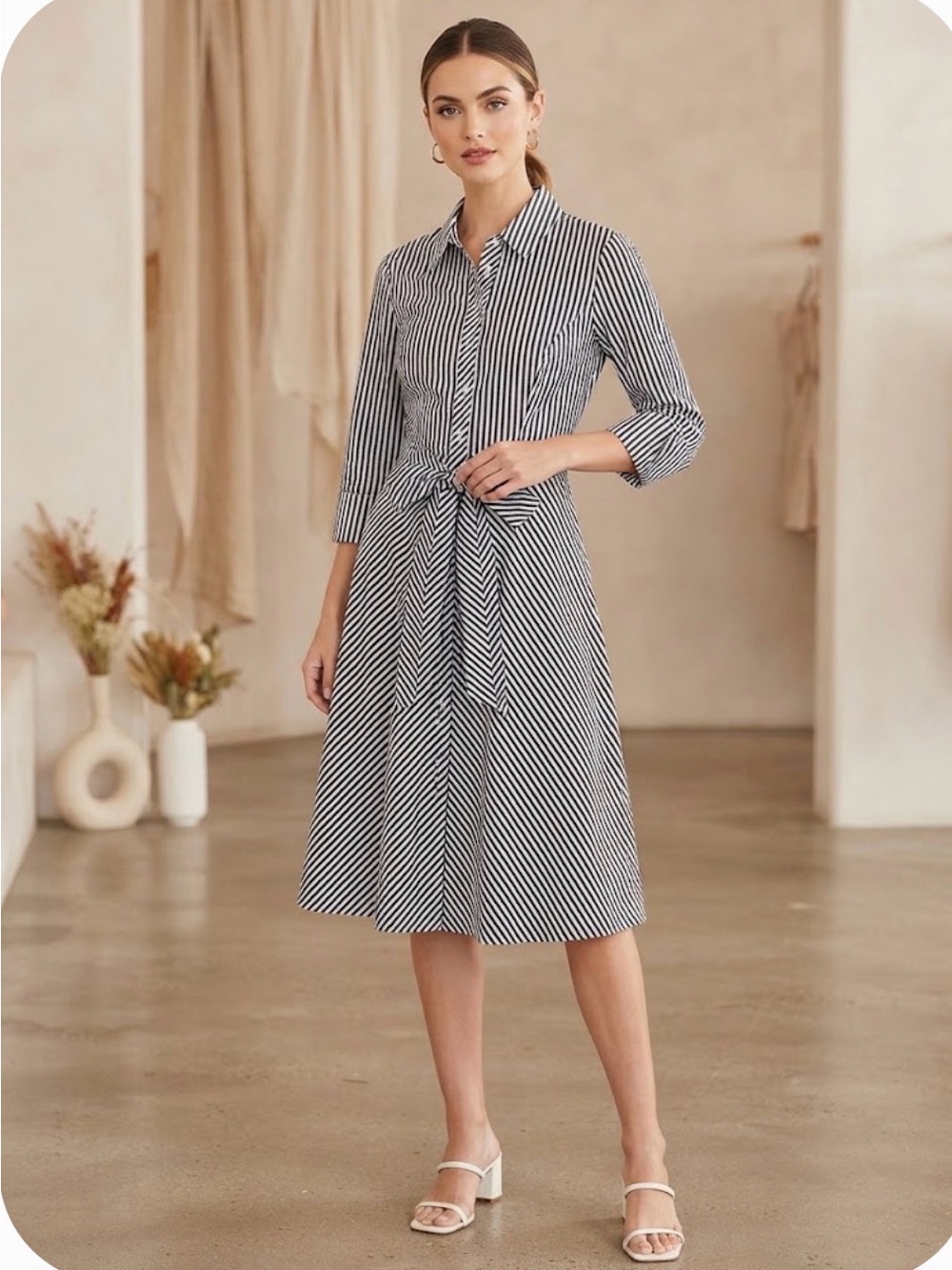 Papillon Blanc Black & White Striped Midi Shirt Dress PTP19”
